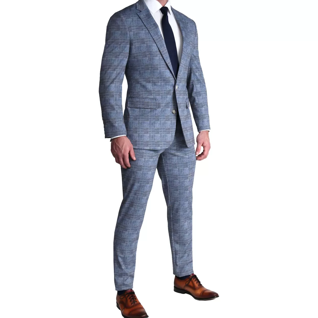 State and Liberty Athletic Fit Stretch Blazer - Knit Light Blue, Navy And White Plaid Fashion