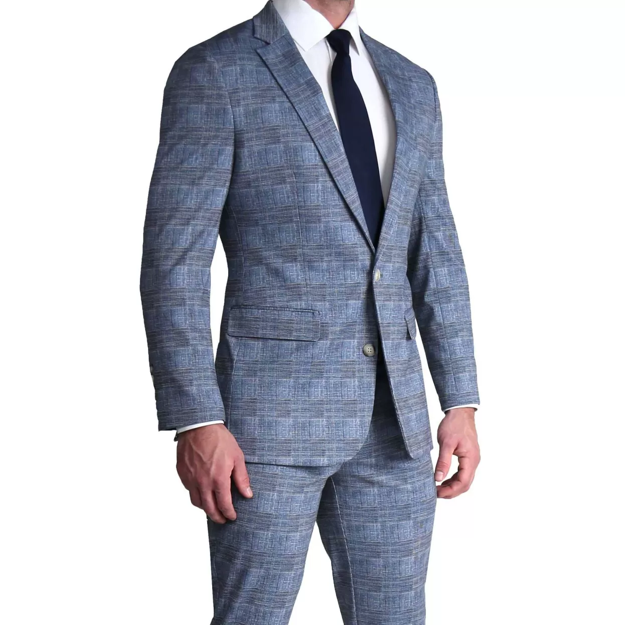 State and Liberty Athletic Fit Stretch Suit - Knit Light Blue, Navy And White Plaid Sale