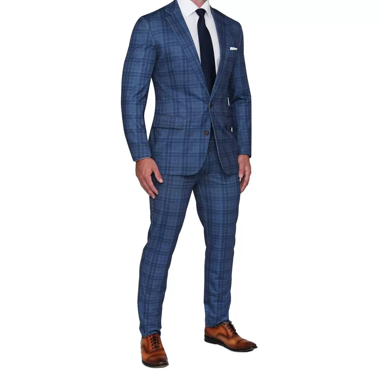 State and Liberty Athletic Fit Stretch Suit - Navy And Light Electric Blue Plaid Hot