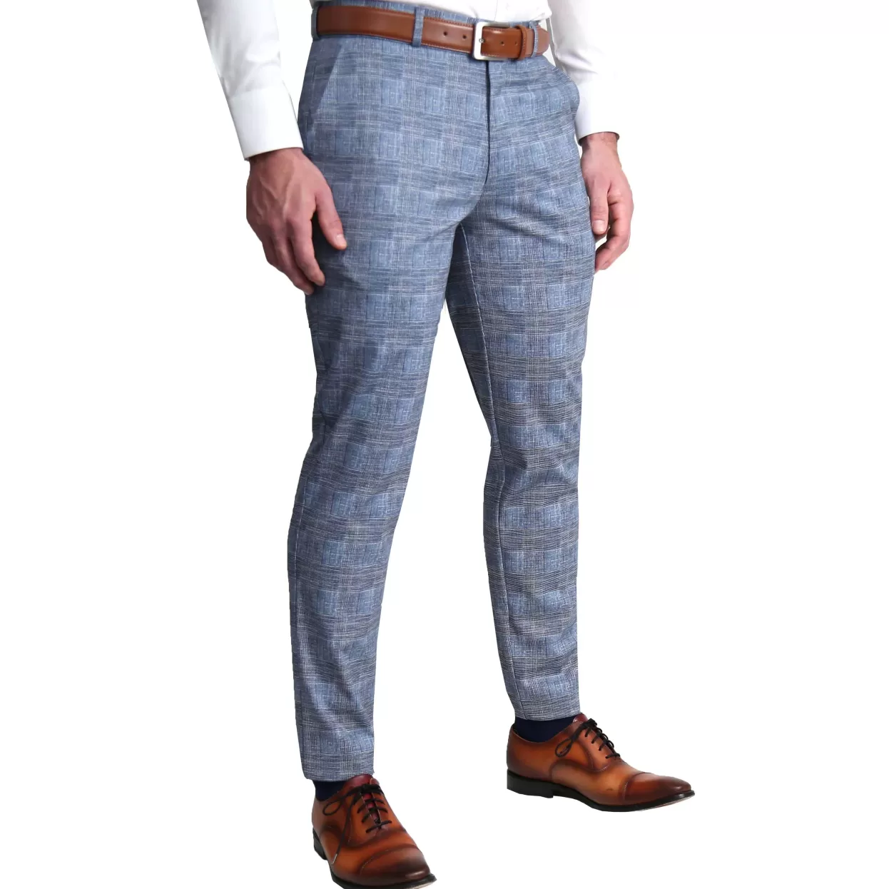 State and Liberty Athletic Fit Stretch Suit Pants - Knit Light Blue, Navy And White Plaid Cheap