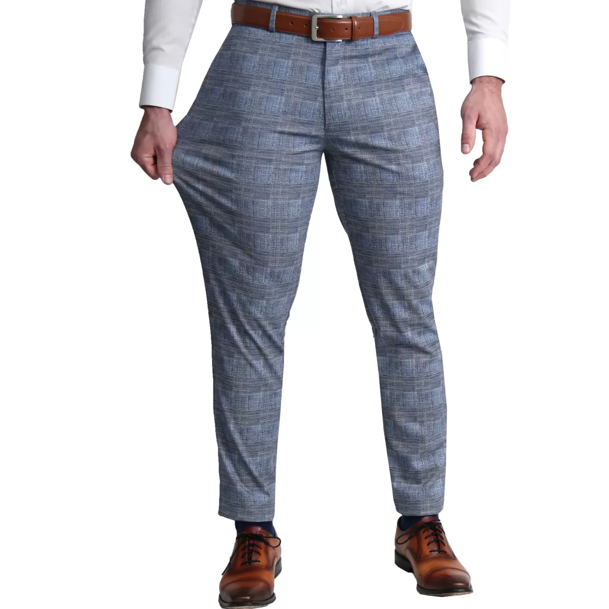 State and Liberty Athletic Fit Stretch Suit Pants - Knit Light Blue, Navy And White Plaid Cheap