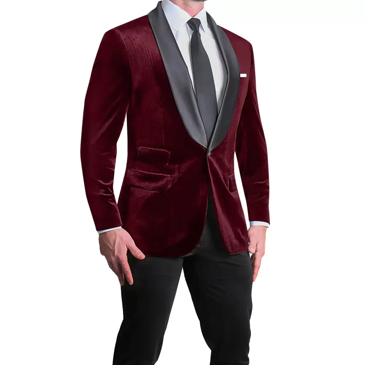 State and Liberty Athletic Fit Stretch Tuxedo - Maroon Velvet New