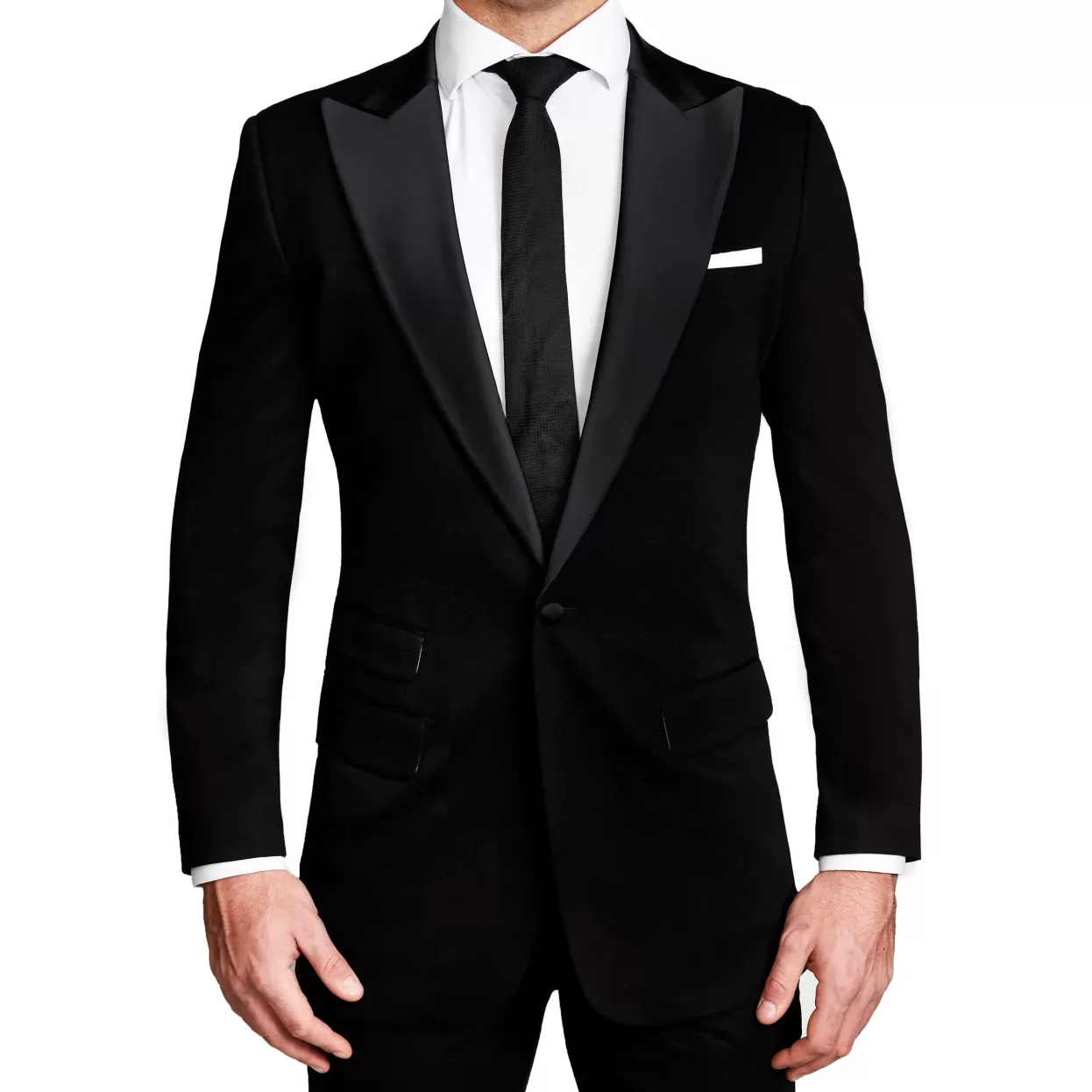 State and Liberty Athletic Fit Stretch Tuxedo Jacket - Solid Black With Peak Lapel New