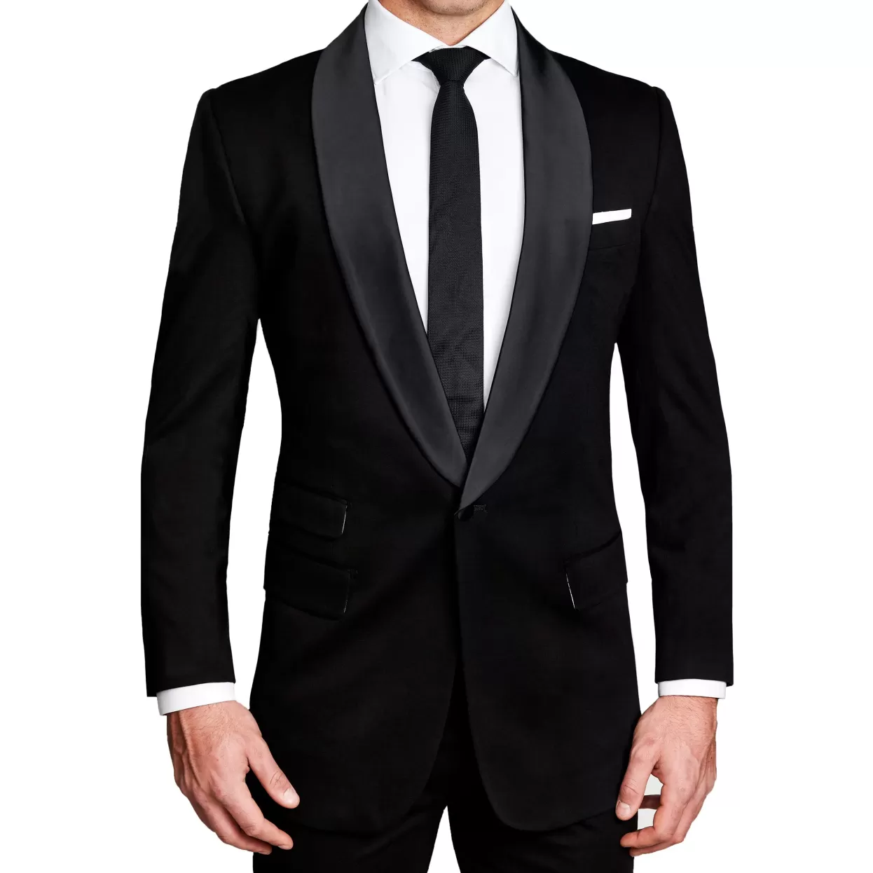 State and Liberty Athletic Fit Stretch Tuxedo Jacket - Solid Black With Shawl Lapel Sale