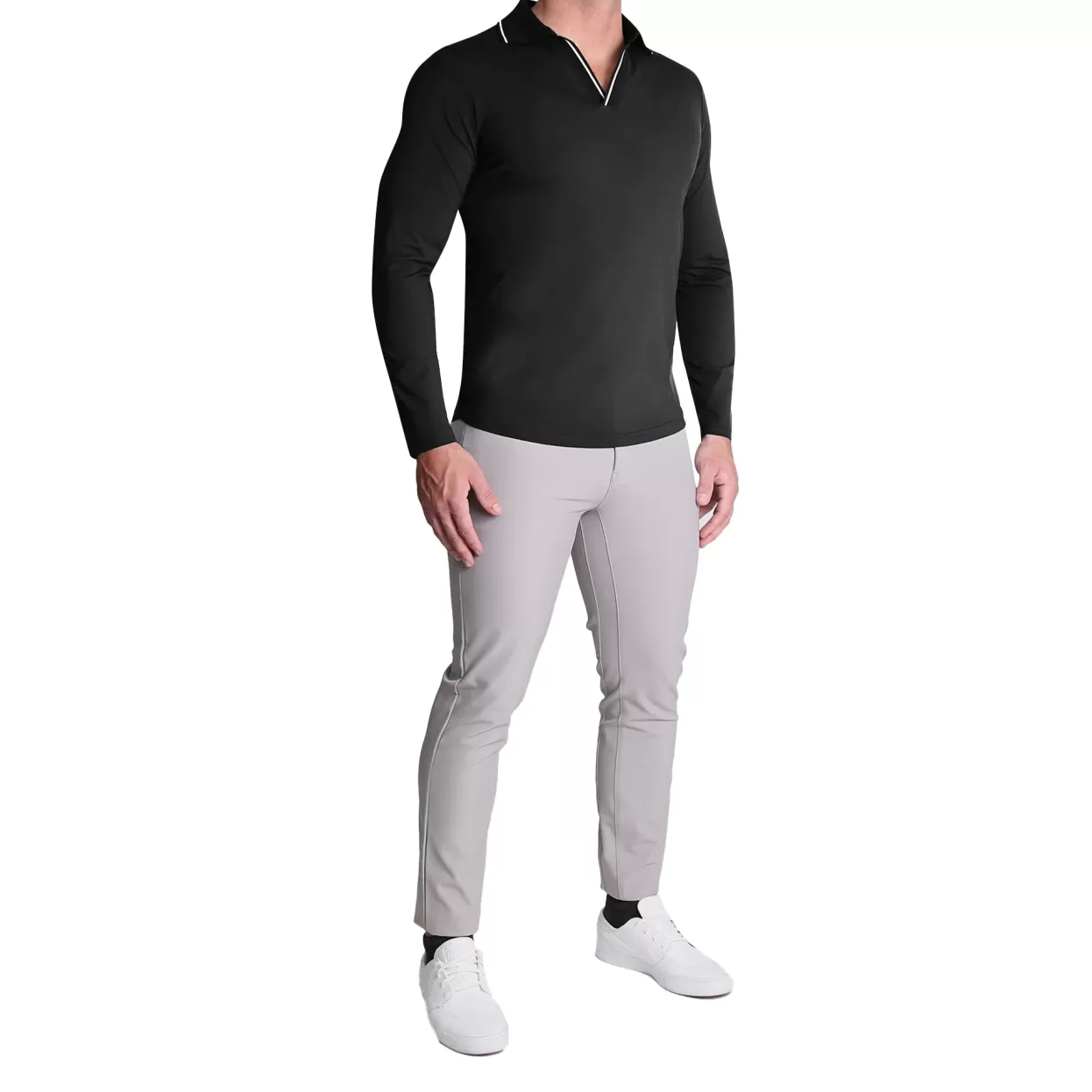State and Liberty Tipped Long Sleeve Polo - Black With White Cheap